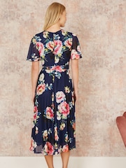 Yumi Blue Mesh Floral Print Midi Dress With Angel Sleeves - Image 4 of 5