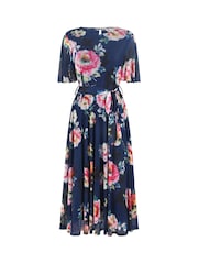 Yumi Blue Mesh Floral Print Midi Dress With Angel Sleeves - Image 5 of 5
