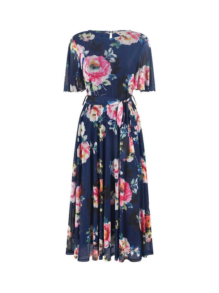 Yumi Blue Mesh Floral Print Midi Dress With Angel Sleeves - Image 5 of 5