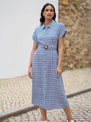 Yumi Blue Viscose Midi Shirt Dress With Matching Belt - Image 1 of 5
