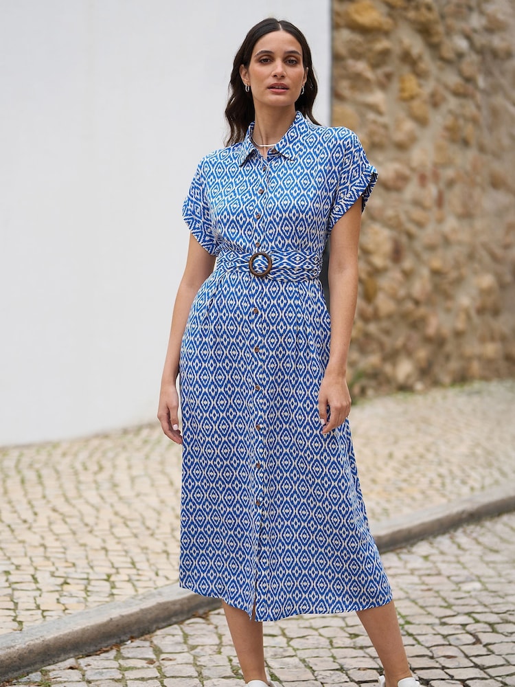 Yumi Blue Viscose Midi Shirt Dress With Matching Belt - Image 1 of 5