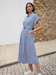 Yumi Blue Viscose Midi Shirt Dress With Matching Belt - Image 2 of 5