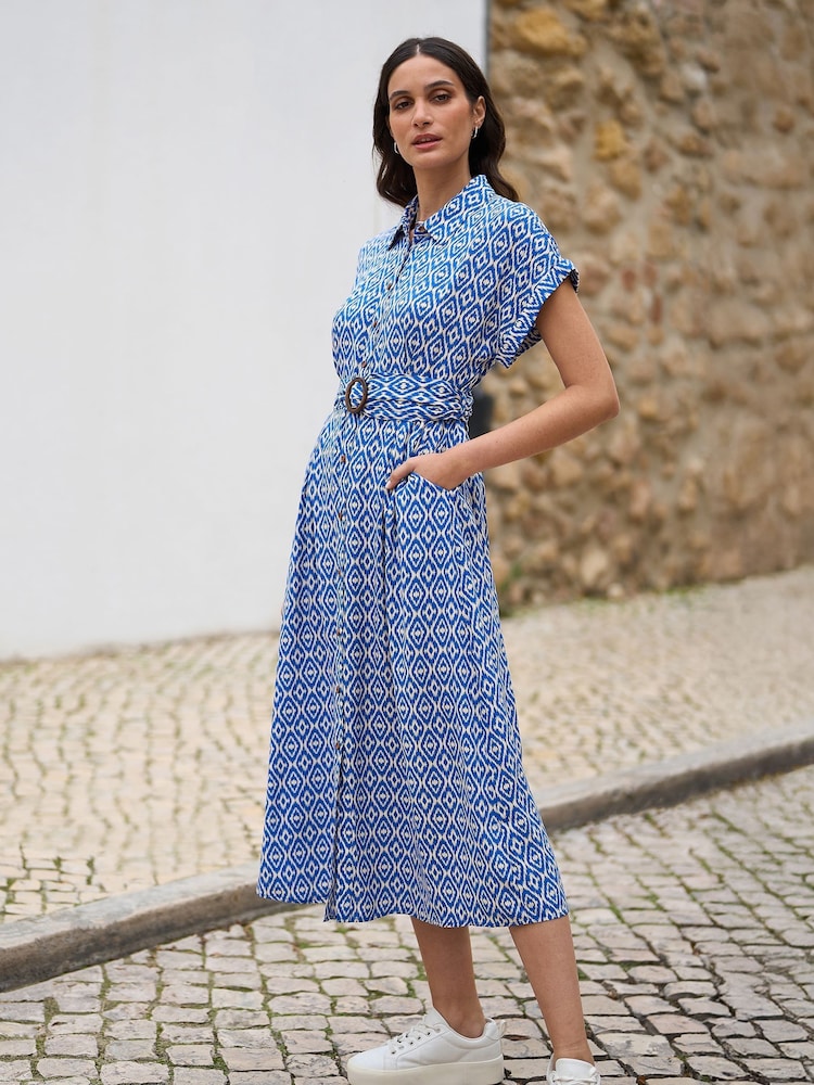 Yumi Blue Viscose Midi Shirt Dress With Matching Belt - Image 2 of 5