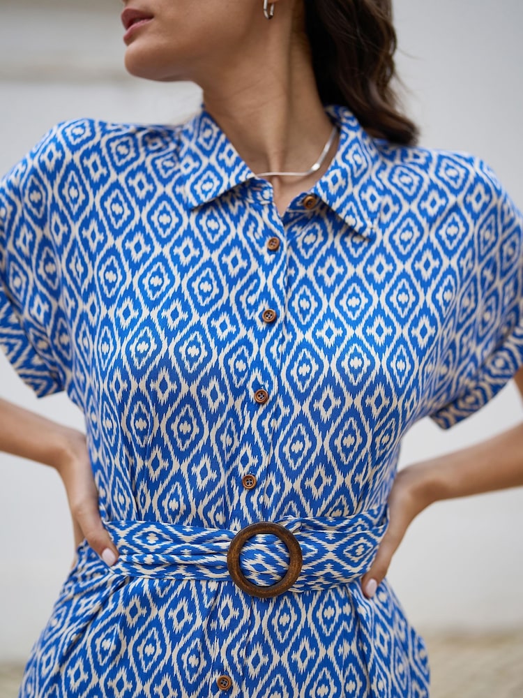 Yumi Blue Viscose Midi Shirt Dress With Matching Belt - Image 3 of 5