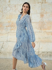 Yumi Blue Paisley Dipped Hemline Midi Dress With Open Long Sleeves - Image 1 of 5