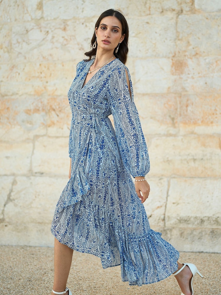 Yumi Blue Paisley Dipped Hemline Midi Dress With Open Long Sleeves - Image 1 of 5