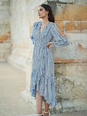 Yumi Blue Paisley Dipped Hemline Midi Dress With Open Long Sleeves - Image 2 of 5
