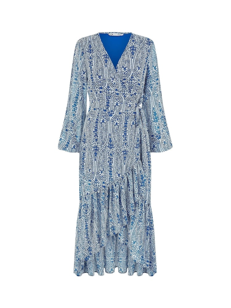 Yumi Blue Paisley Dipped Hemline Midi Dress With Open Long Sleeves - Image 5 of 5