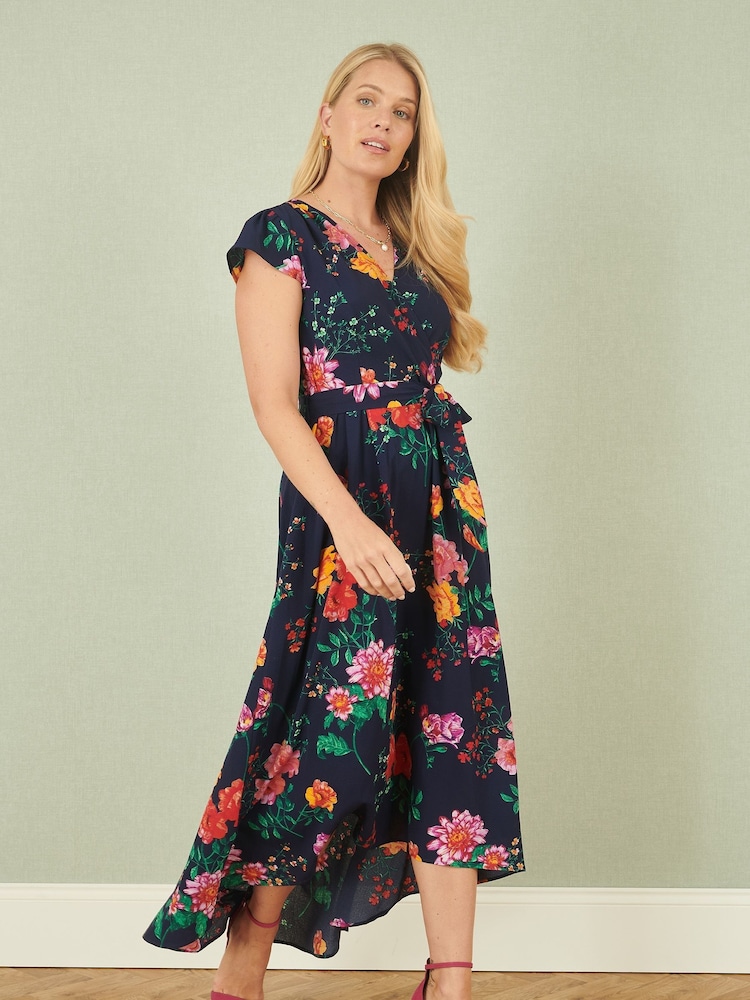 Yumi Blue Flower Print Wrap Midi Dress - Image 1 of 5