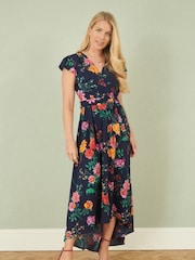 Yumi Blue Flower Print Wrap Midi Dress - Image 2 of 5