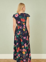 Yumi Blue Flower Print Wrap Midi Dress - Image 3 of 5