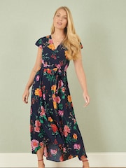 Yumi Blue Flower Print Wrap Midi Dress - Image 4 of 5