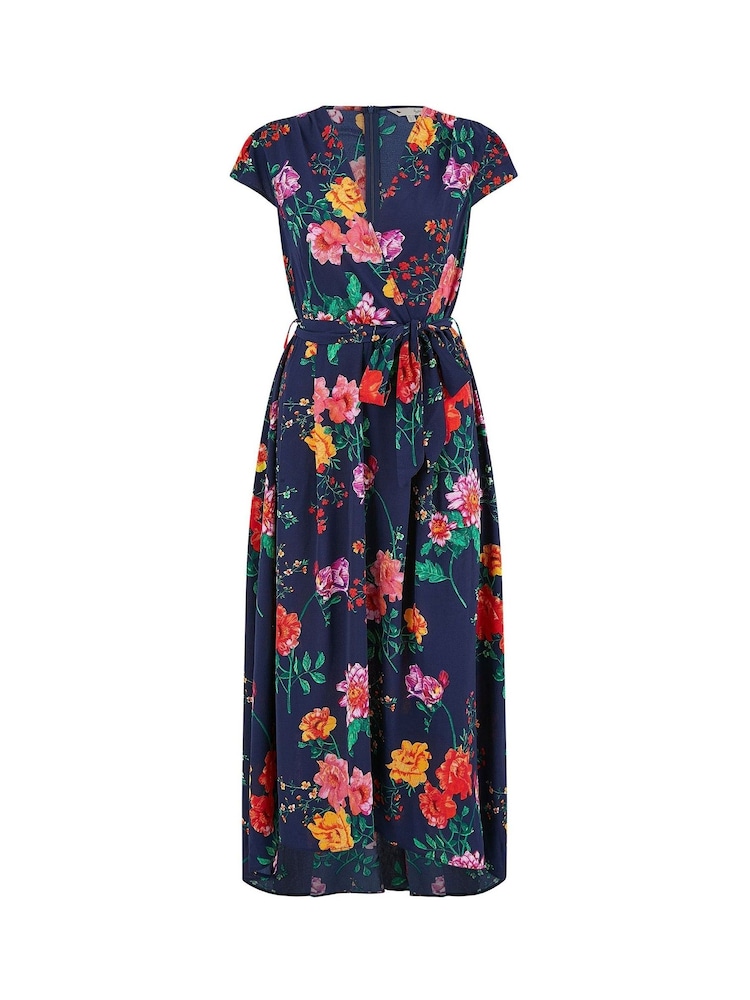 Yumi Blue Flower Print Wrap Midi Dress - Image 5 of 5