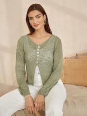 Yumi Green Flower Crochet Button Up 100% Cotton Cardigan - Image 1 of 5
