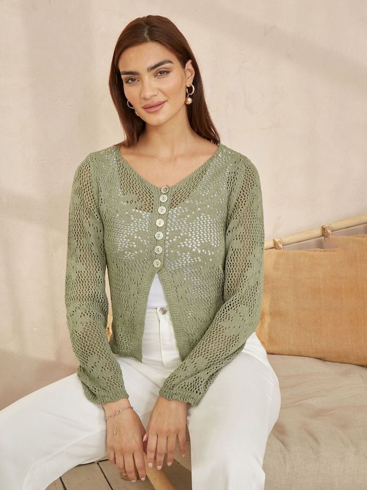 Yumi Green Flower Crochet Button Up 100% Cotton Cardigan - Image 1 of 5
