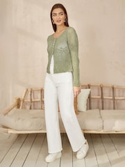 Yumi Green Flower Crochet Button Up 100% Cotton Cardigan - Image 2 of 5