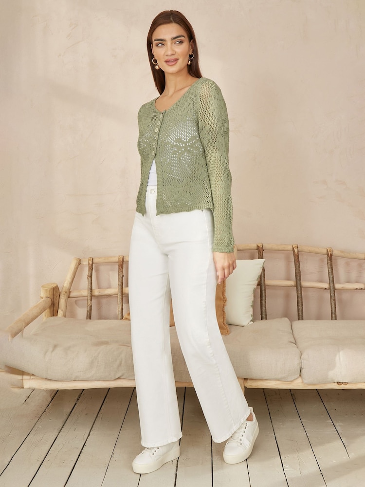 Yumi Green Flower Crochet Button Up 100% Cotton Cardigan - Image 2 of 5