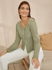 Yumi Green Flower Crochet Button Up 100% Cotton Cardigan - Image 3 of 5