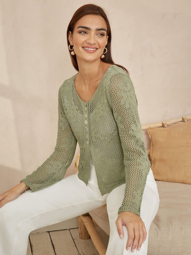 Yumi Green Flower Crochet Button Up 100% Cotton Cardigan - Image 3 of 5