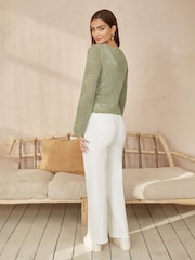 Yumi Green Flower Crochet Button Up 100% Cotton Cardigan - Image 4 of 5