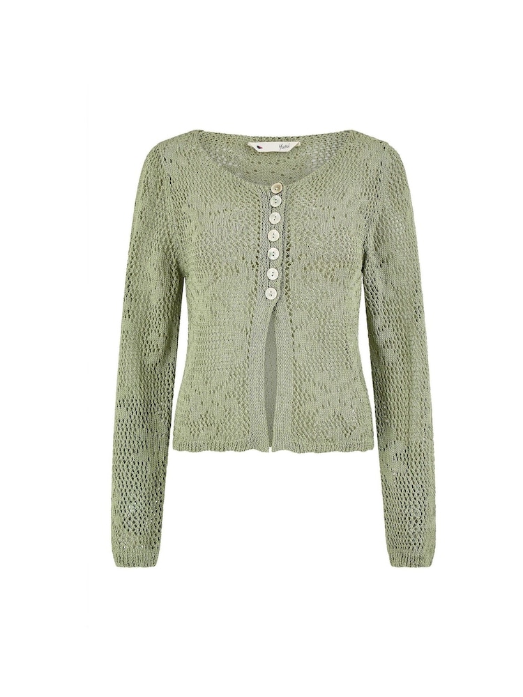Yumi Green Flower Crochet Button Up 100% Cotton Cardigan - Image 5 of 5 Yumi Green Flower Crochet Button Up 100% Cotton Cardigan - Image 5 of 5