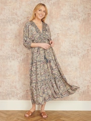 Yumi Natural Paisley Print Midi Kimono Dress With Tie Back - Image 1 of 5