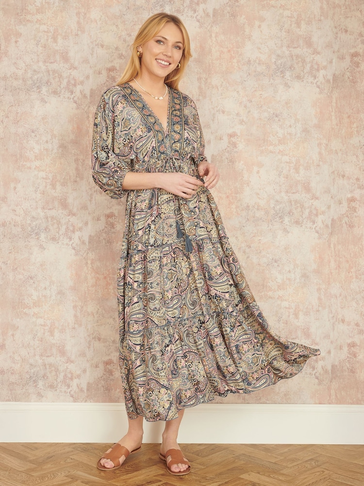 Yumi Natural Paisley Print Midi Kimono Dress With Tie Back - Image 1 of 5