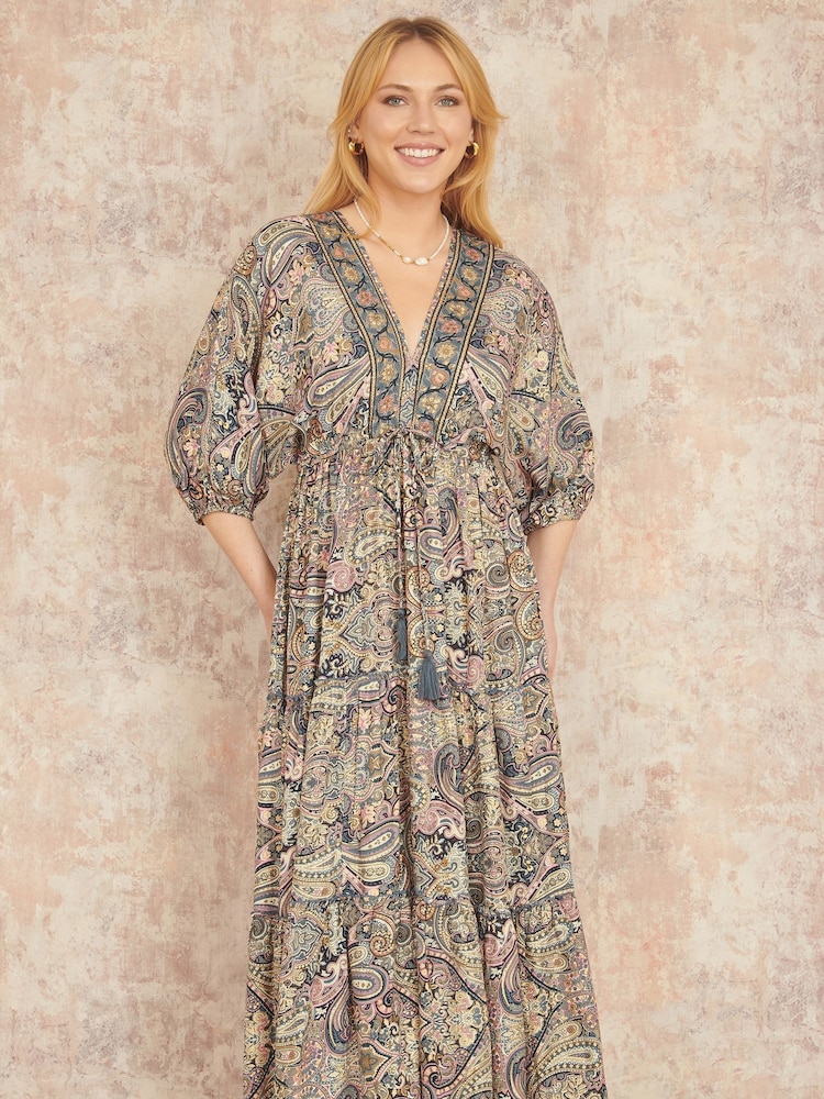 Yumi Natural Paisley Print Midi Kimono Dress With Tie Back - Image 2 of 5