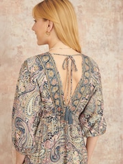 Yumi Natural Paisley Print Midi Kimono Dress With Tie Back - Image 3 of 5
