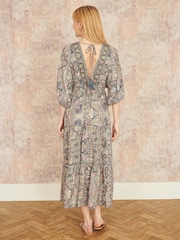 Yumi Natural Paisley Print Midi Kimono Dress With Tie Back - Image 4 of 5