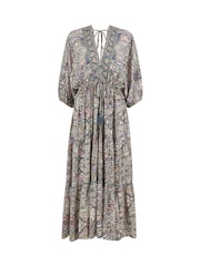 Yumi Natural Paisley Print Midi Kimono Dress With Tie Back - Image 5 of 5