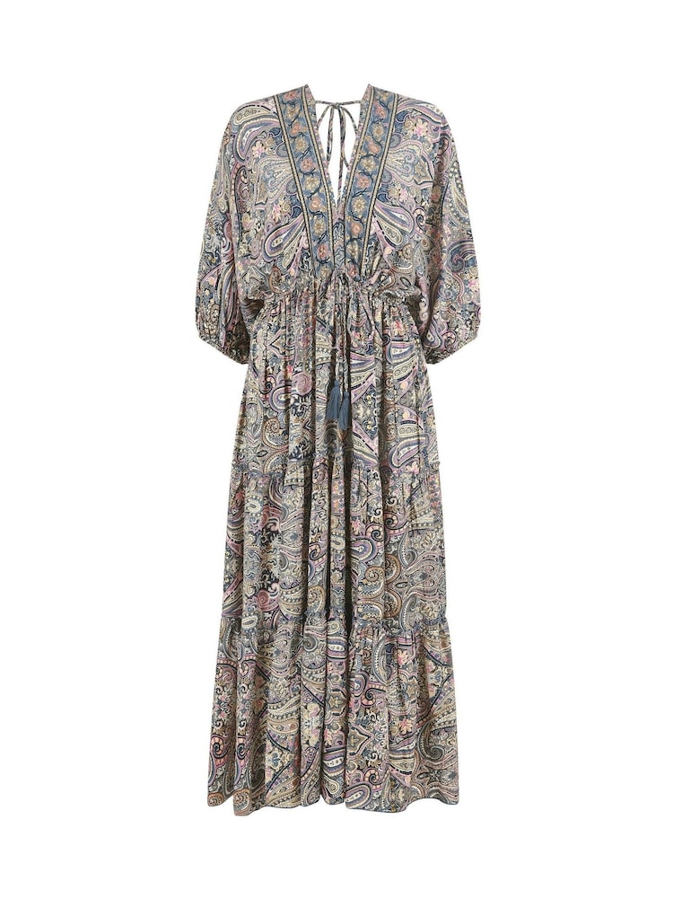Yumi Natural Paisley Print Midi Kimono Dress With Tie Back - Image 5 of 5