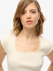 Superdry White Essential Square Neck Short Sleeve 100% Cotton T-Shirt - Image 4 of 4