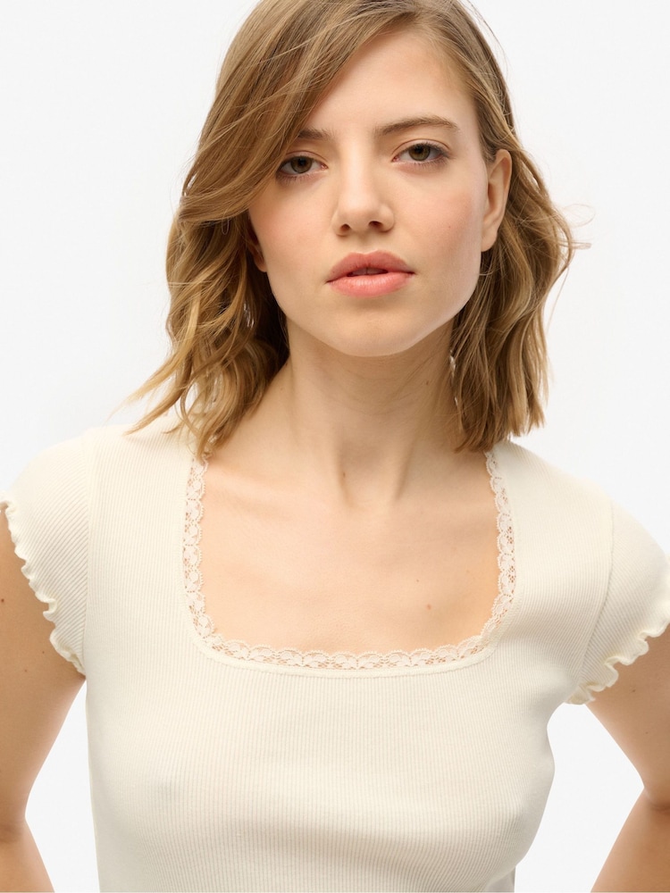 Superdry White Essential Square Neck Short Sleeve 100% Cotton T-Shirt - Image 4 of 4