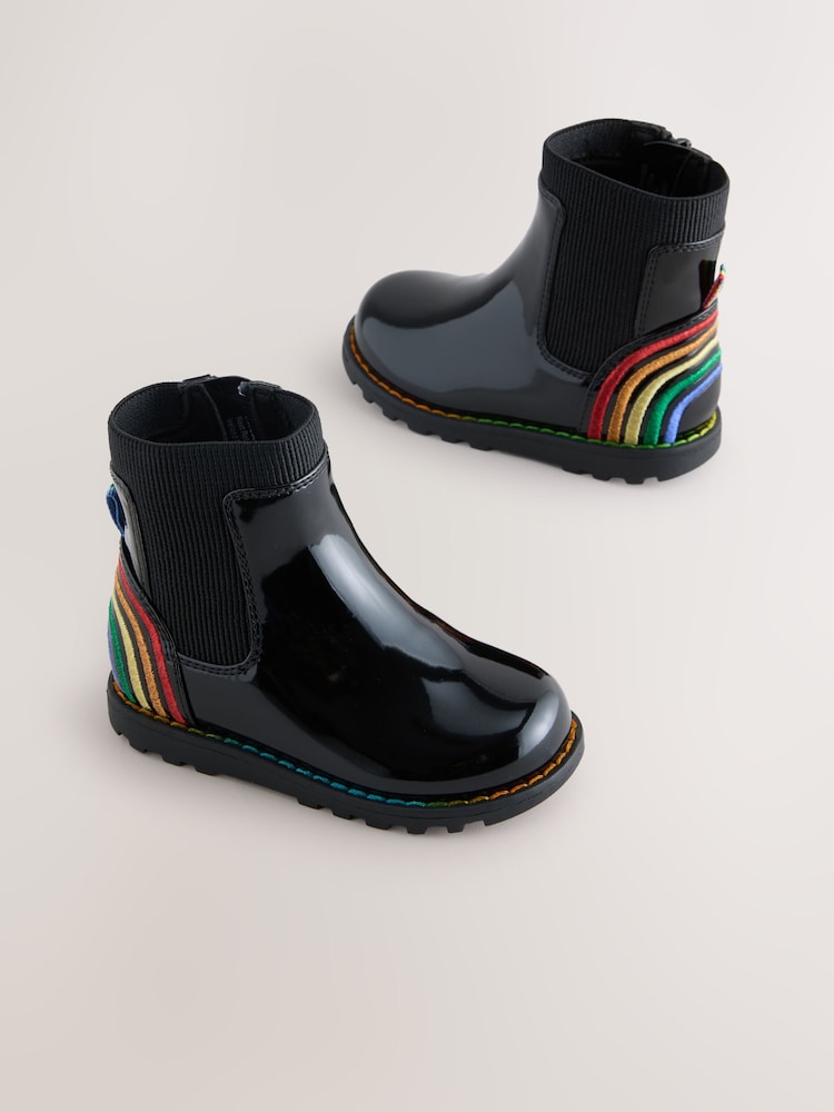 Little Bird by Jools Oliver Black Younger Rainbow Patent Chunky Chelsea Boots - Image 1 of 6