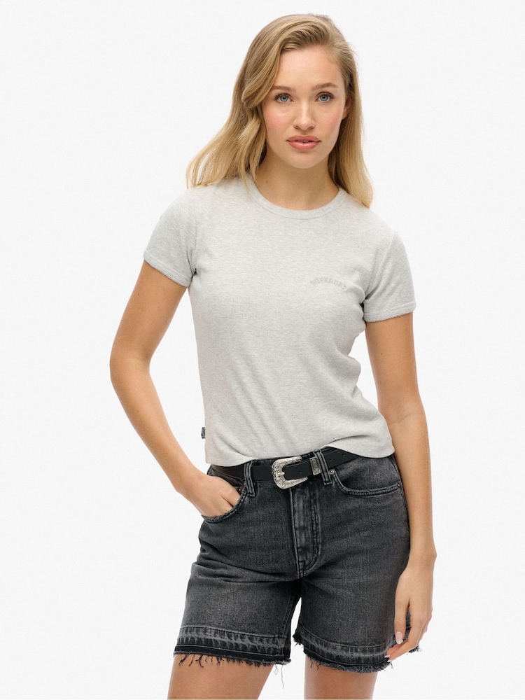 Superdry Grey Essential Logo Rib 100% Cotton T-Shirt - Image 1 of 4
