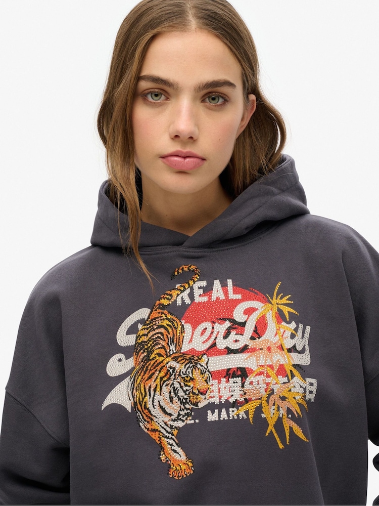 Superdry Grey Tokyo Vintage Logo Relaxed 100% Cotton Hoodie - Image 4 of 6