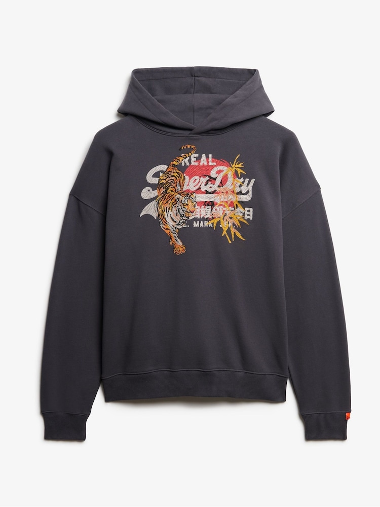Superdry Grey Tokyo Vintage Logo Relaxed 100% Cotton Hoodie - Image 5 of 6