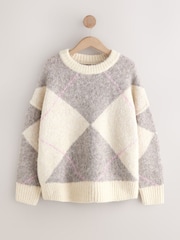 Oatmeal/ Mink Brown Argyle Knitted Crew Neck Jumper - Image 2 of 4