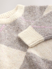 Oatmeal/ Mink Brown Argyle Knitted Crew Neck Jumper - Image 3 of 4