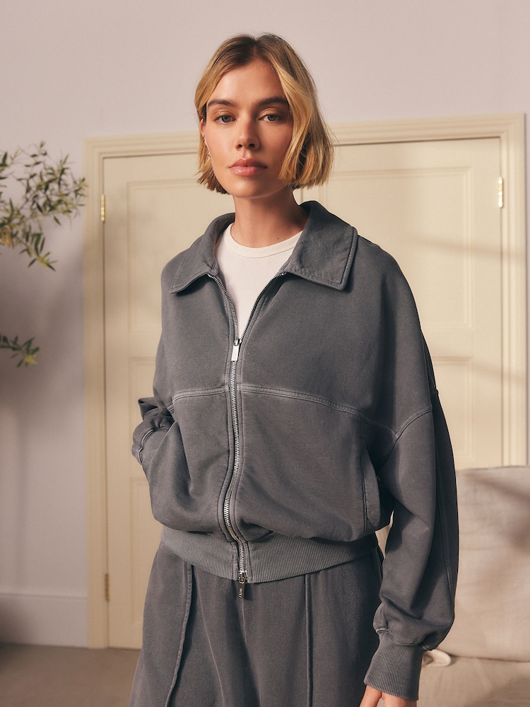 Charcoal Grey Collared Bomber Style Jacket - Image 1 of 10