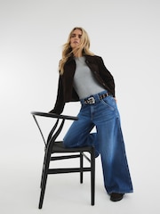 River Island Blue Petite Low Rise Palazzo Wide Leg 100% Cotton Jeans - Image 1 of 4