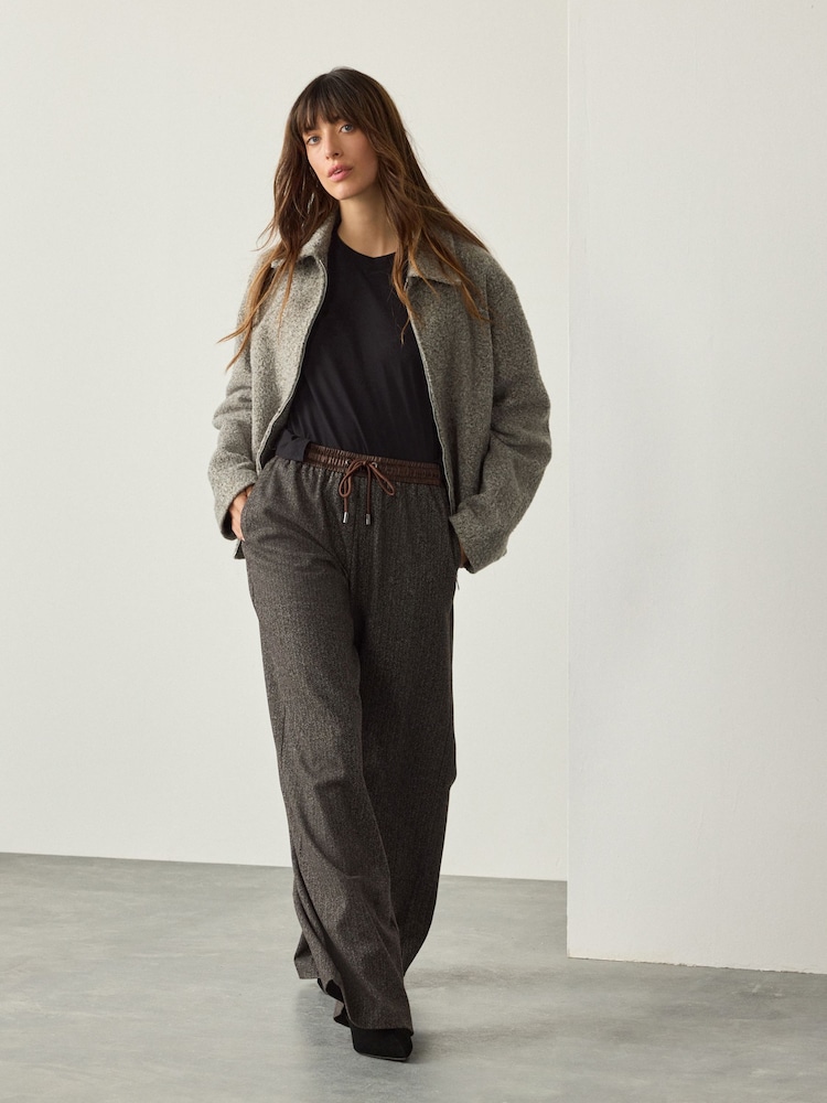 Brown Herringbone Satin Waistband Wide Leg Trousers - Image 1 of 8 Brown Herringbone Satin Waistband Wide Leg Trousers - Image 1 of 8
