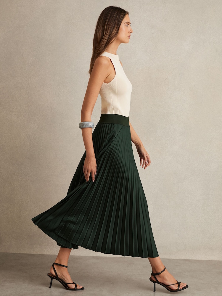 ירוק כהה - Reiss Seren Pleated Midi Skirt - Image 1 of 6