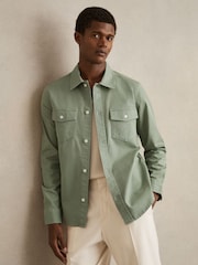 Reiss Sage Green Malaki Cotton Twill Twin Pocket Overshirt With Stretch - Image 1 of 6