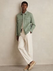 Reiss Sage Green Malaki Cotton Twill Twin Pocket Overshirt With Stretch - Image 3 of 6