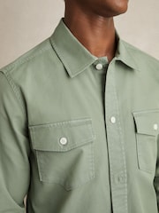 Reiss Sage Green Malaki Cotton Twill Twin Pocket Overshirt With Stretch - Image 4 of 6