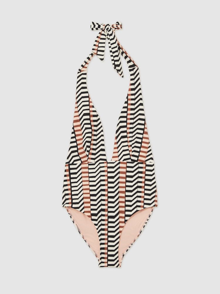 Reiss Black/Brown Abi Chevron Stripe Plunge Swimsuit - Image 2 of 6
