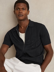 Reiss Navy Tay Pointelle-Knit Zip-Through Shirt - Image 1 of 6