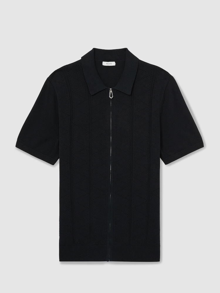 Reiss Navy Tay Pointelle-Knit Zip-Through Shirt - Image 2 of 6